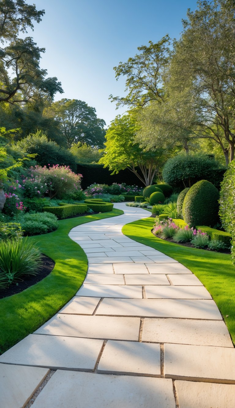 A limestone walkway winding through a garden with green grass, flowering plants, and trees under a clear sky.